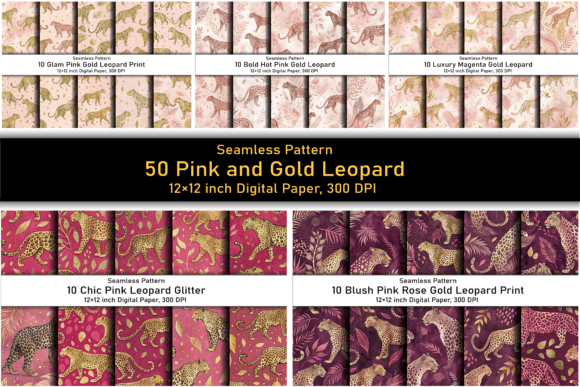 Elevate Your Creative Projects with the 50 Pink and Gold Leopard Print Patterns Digital Paper Bundle